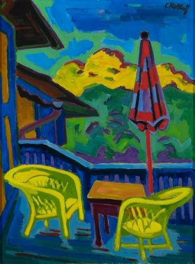 Karl Schmidt-Rottluff, Verandamorgen, 1951, Öl auf
Leinwand, Museum Wiesbaden, Foto: Bernd Fickert, © VG Bild-Kunst, Bonn 2023