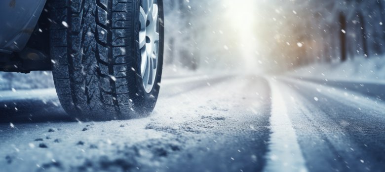 close up winter tires on a snowy road in the mountains - snow storm